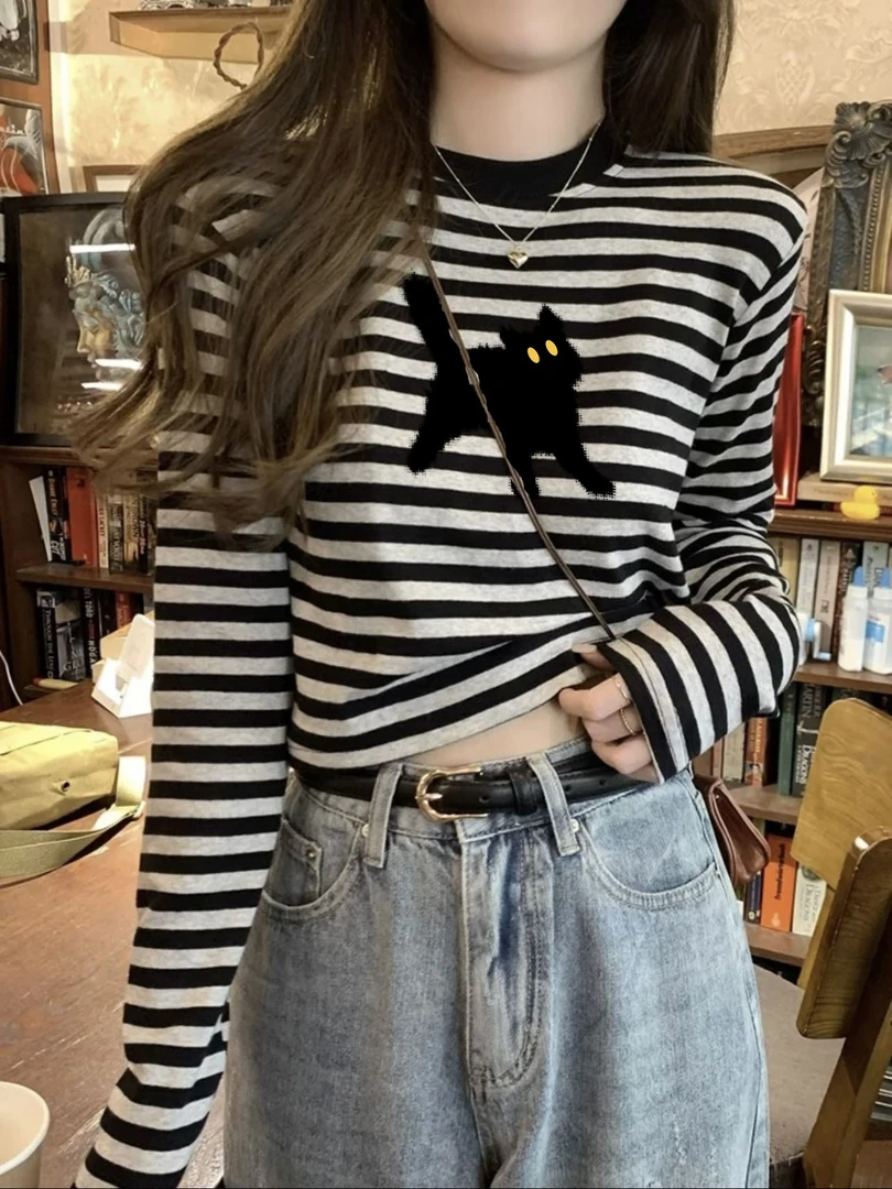 春秋撞色条纹新款设计感超好看正肩长袖T恤女韩版修身打底上衣潮