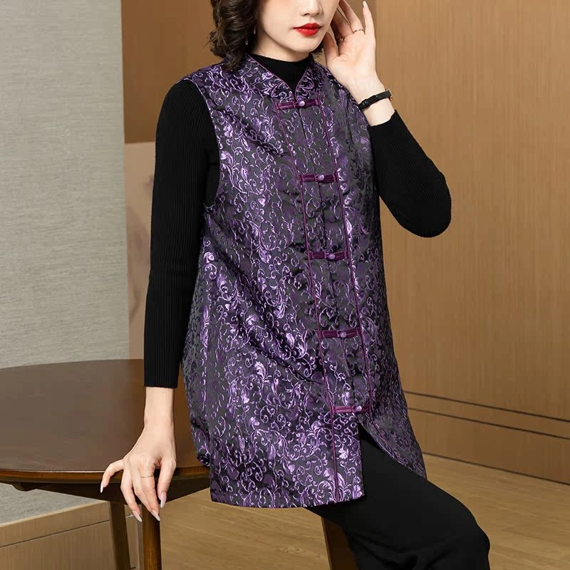 珂影依中长款提花马甲女新款气质立领复古盘扣洋气中老年背心大码