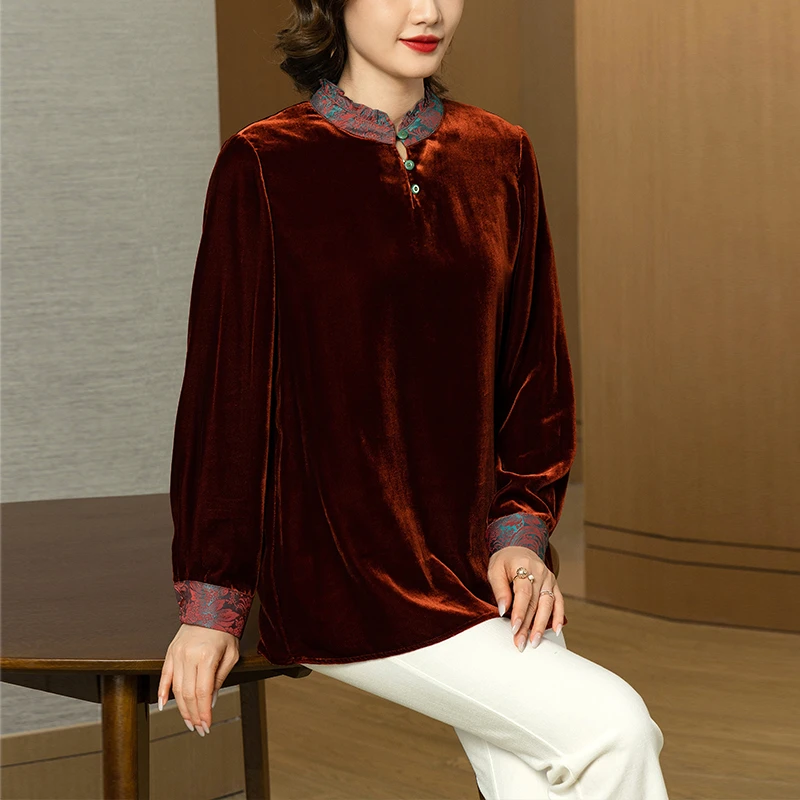 珂影依大码丝绒上衣春季新款时尚红色拼接长袖复古洋气中长款衬衫