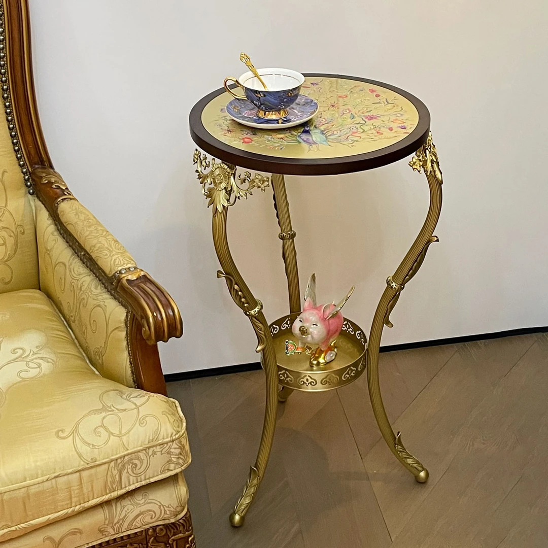 欧式复古奢华凤凰彩雕全铜装饰双层边几别墅客厅门厅玄关雕花角几