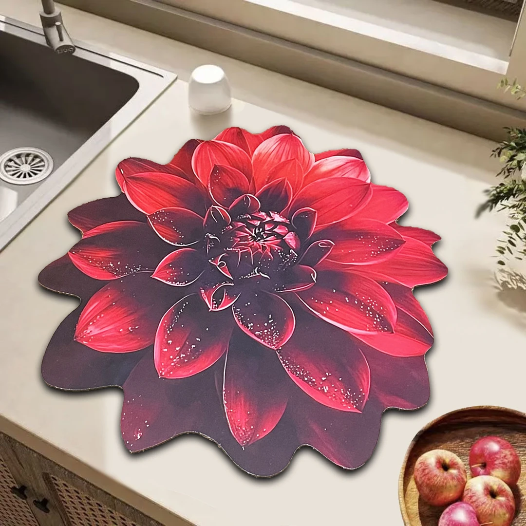 创意酒红色大丽菊花卉家用厨房桌面吸水垫防滑垫硅藻泥桌垫隔热垫