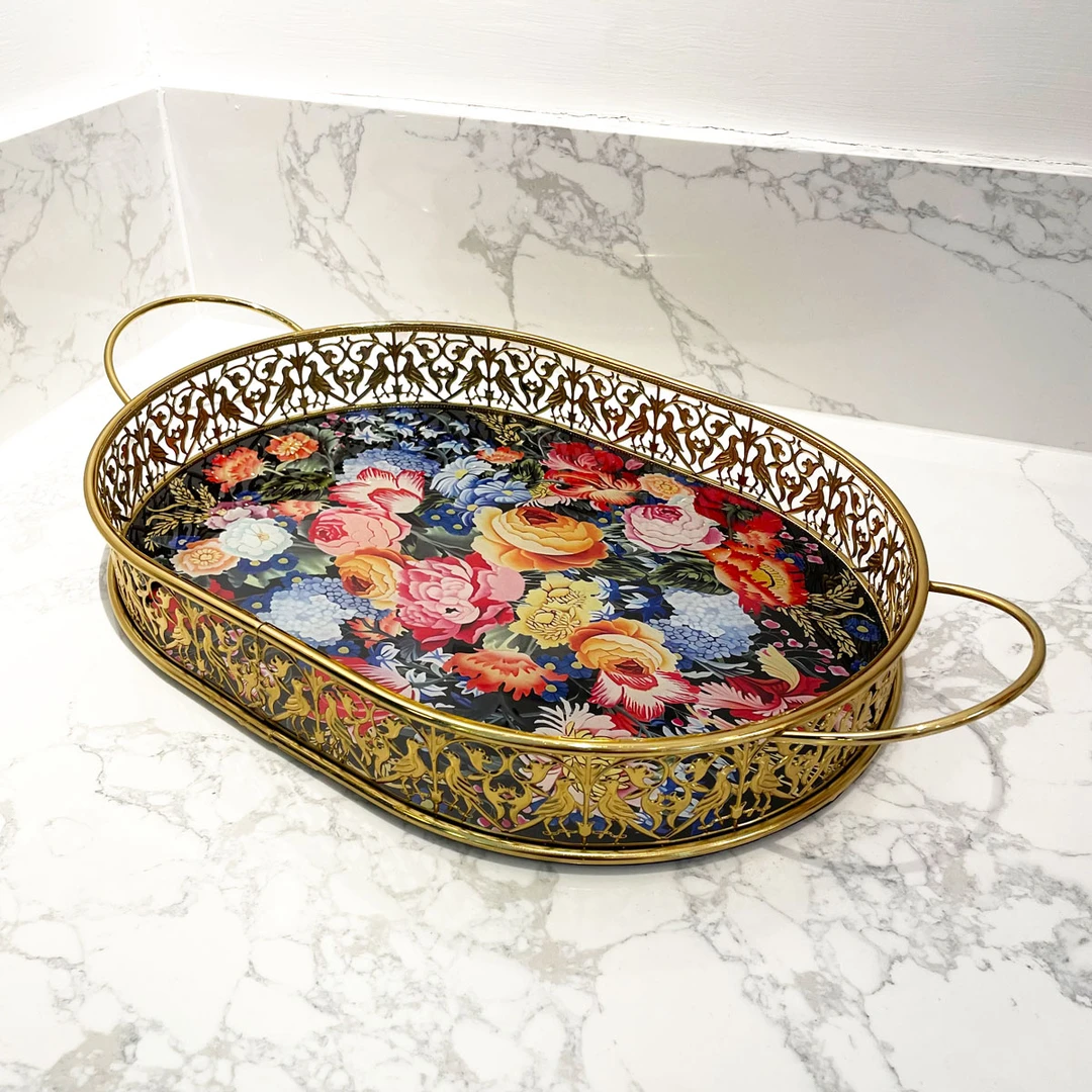 欧式轻奢复古百花齐放高端家用桌面金属玻璃椭圆形镂空简约托盘