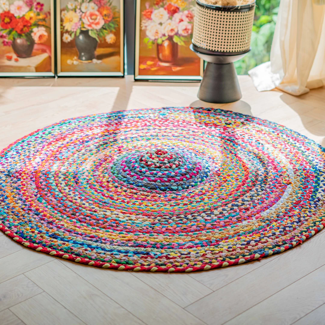 印度进口东南亚复古民族风纯手工棉麻彩虹圆形地毯