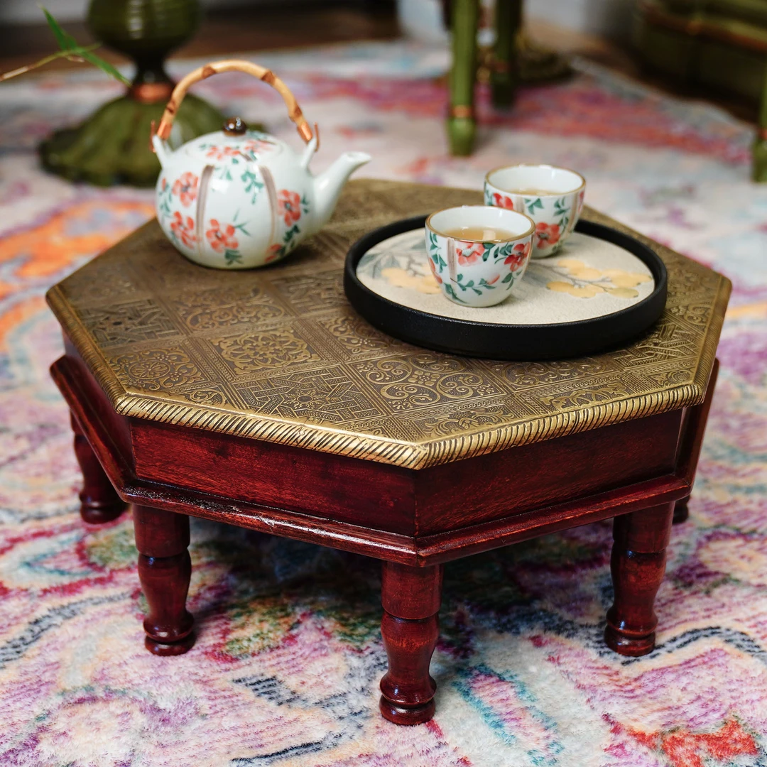 八角全包铜芒果木飘窗桌炕桌实木矮茶几民宿文艺风