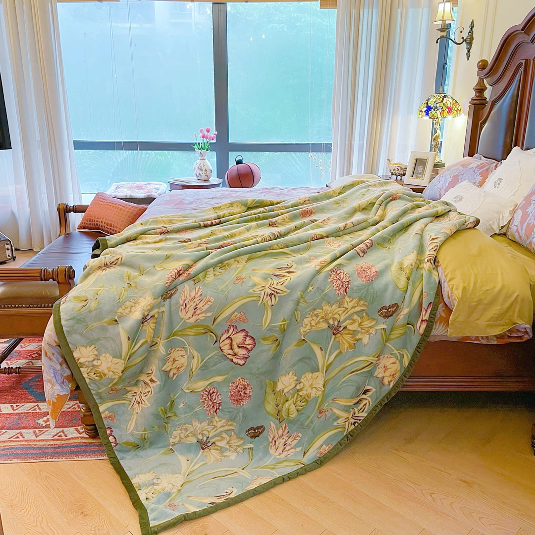 美式创意复古双层蓝色蝴蝶花家用休闲毯绒毛毯加厚沙发毯盖毯睡毯