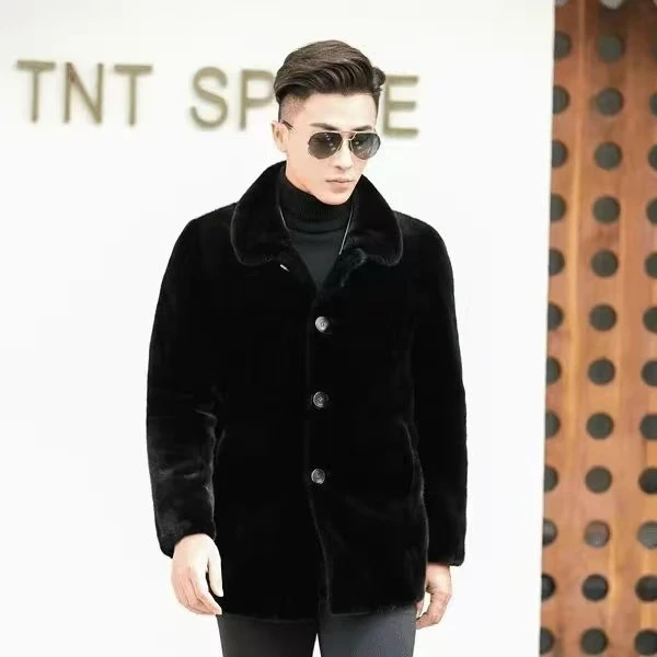 现场打包特惠—进口水貂男装大衣整貂中长款扣子款翻领外套