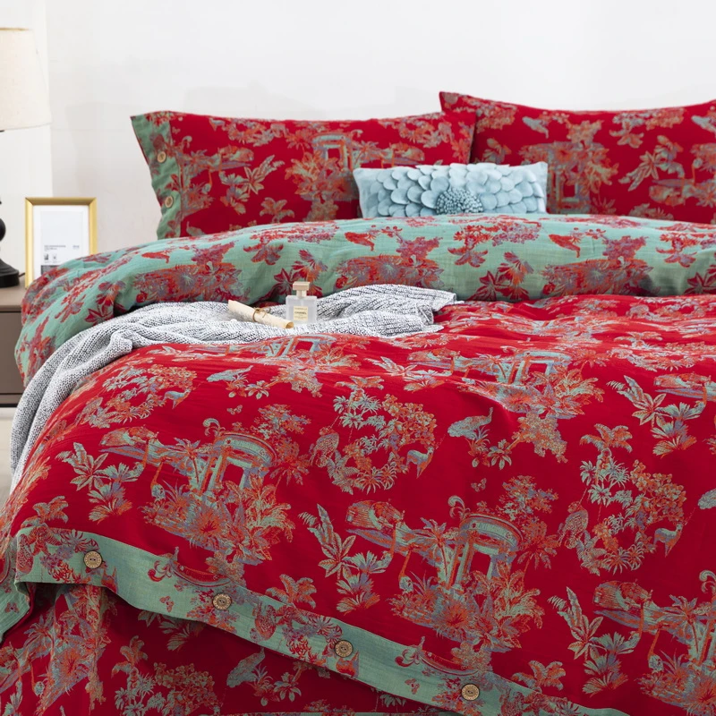 【西雅图-正红】色织提花a类全棉纯棉双层纱四件套温暖居家柔软舒适