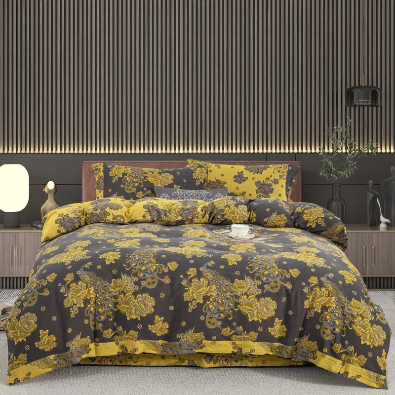 良品绘【雀之灵-黑金】色织提花春夏母婴春夏全棉双层纱四件套透气/