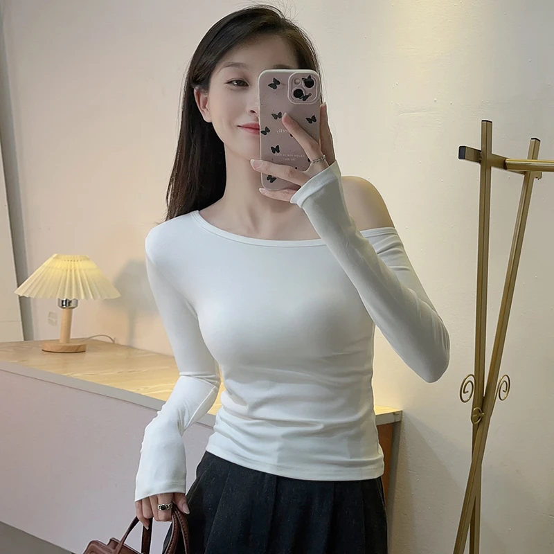 一字肩长袖T恤女春秋季新款修身显瘦打底衫气质短款露肩韩版上衣