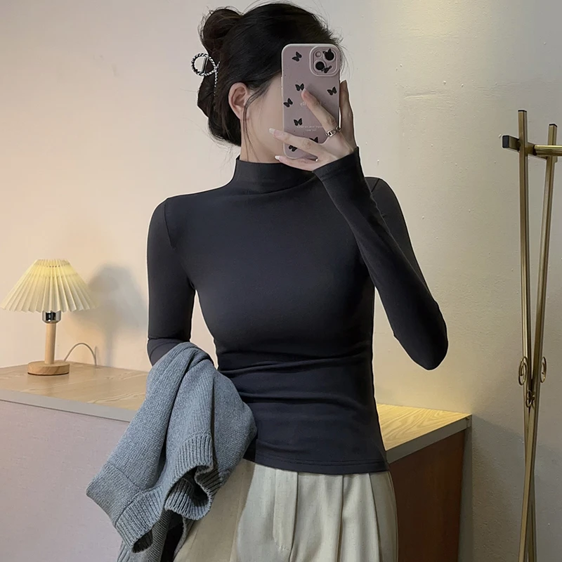 半高领打底衫女长袖春秋冬新款修身中领t恤磨毛加厚保暖内搭上衣