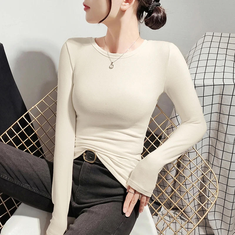 小圆领打底衫女长袖T2023新款加绒加厚秋冬德绒杏色内搭百搭上衣