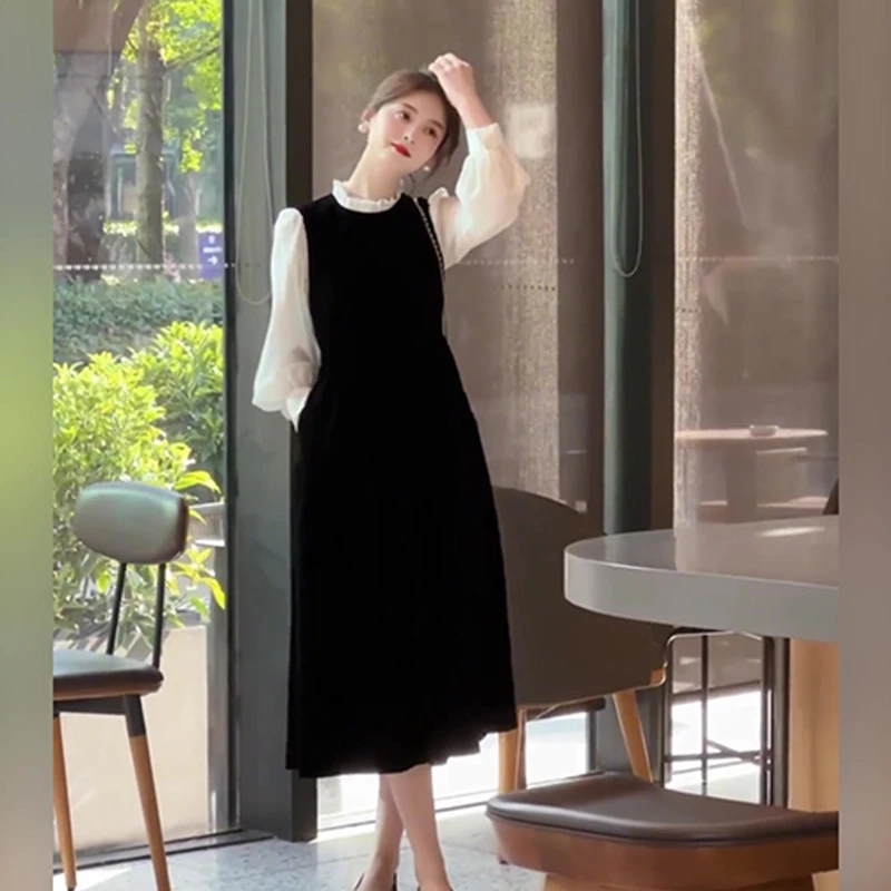 大码假两件连衣裙女春装法式高级感胖mm显瘦遮肚藏肉假气质长裙子