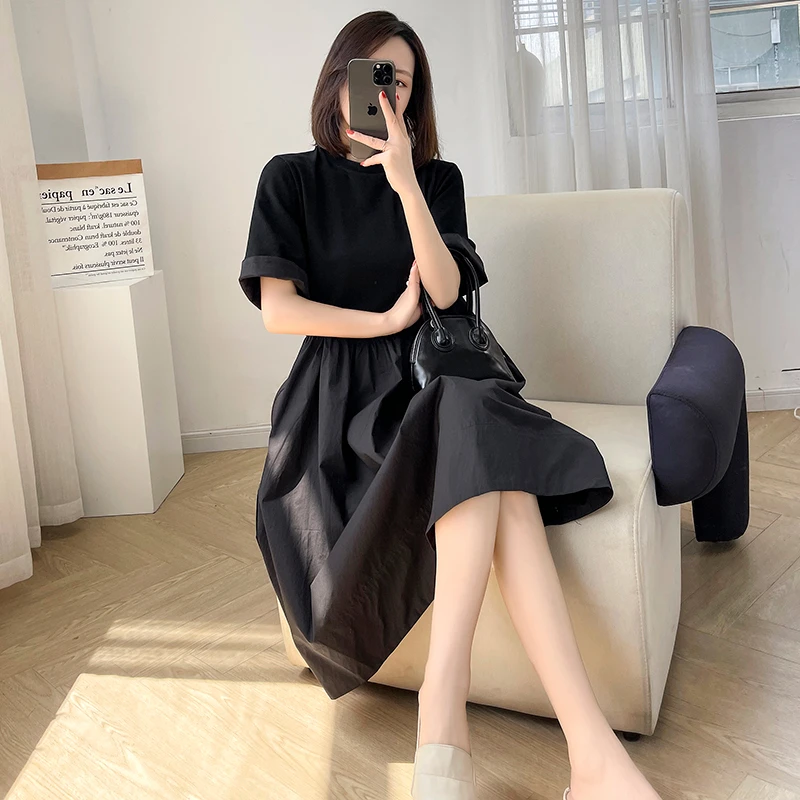 黑色赫本风短袖连衣裙女夏季2025新款韩版宽松大码显瘦小众A字裙