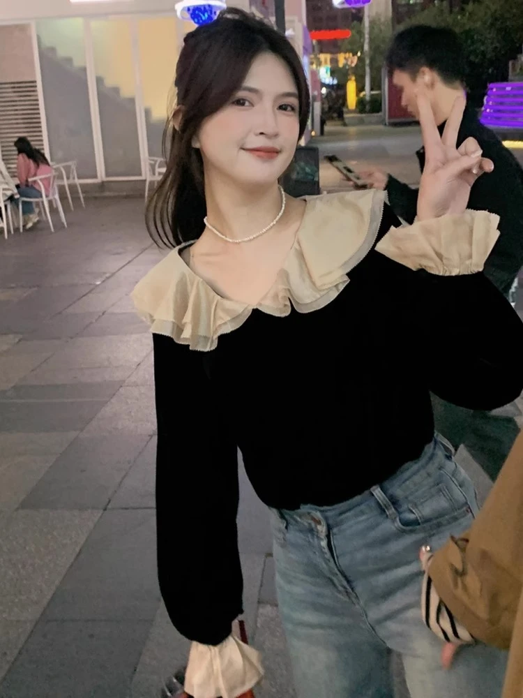 法式娃娃领撞色丝绒衬衫女春秋打底显瘦衬衣设计感复古气质小上衣