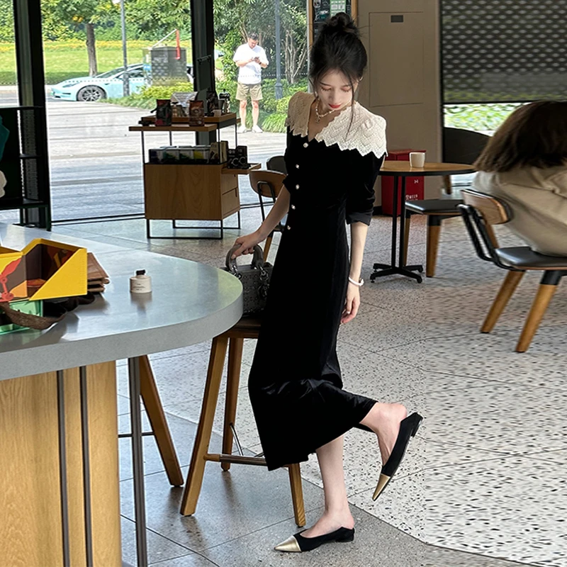 春秋季小香赫本风黑色连衣裙子女春装2025年新款法式高级内搭长裙