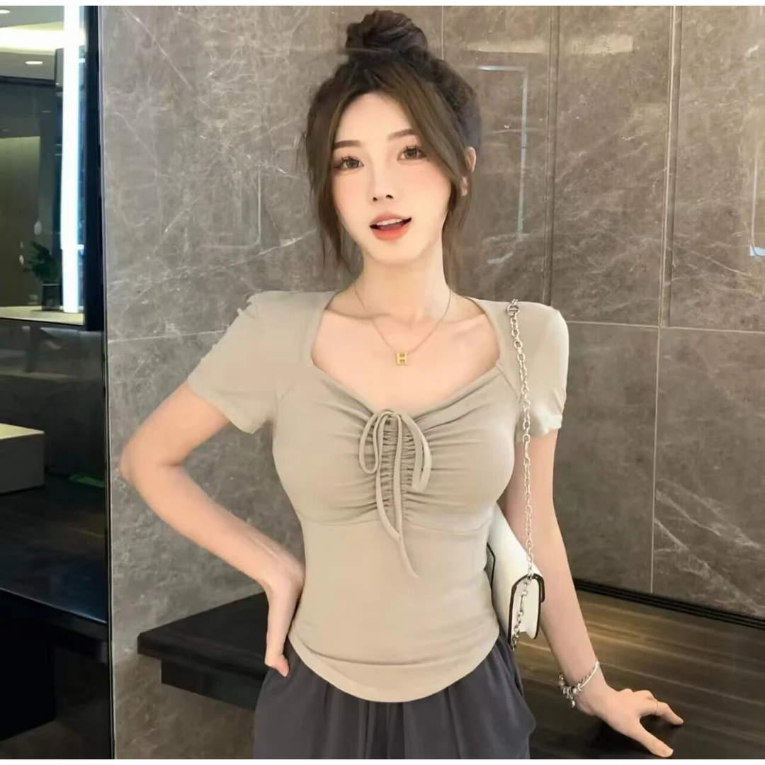 辣妹性感纯欲风方领绑带短袖T恤女夏季2023新款修身显瘦正肩上衣