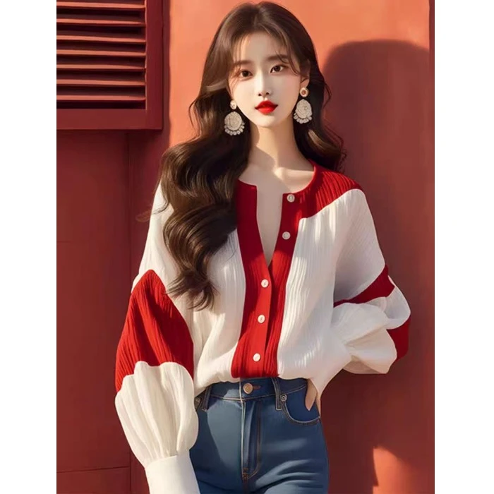红白撞色灯笼袖雪纺衬衫秋季新款法式设计感轻奢高级感别致上衣女