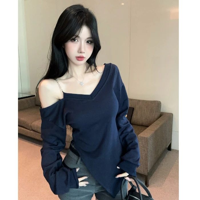 不规则开叉斜肩长袖t恤女秋冬纯欲一字肩上衣打底衫内搭露肩卫衣