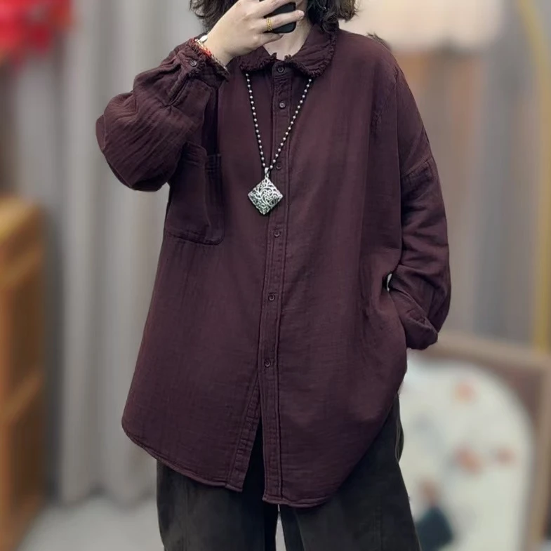 加厚磨毛娃娃领翻领衬衫毛边长袖衬衣女