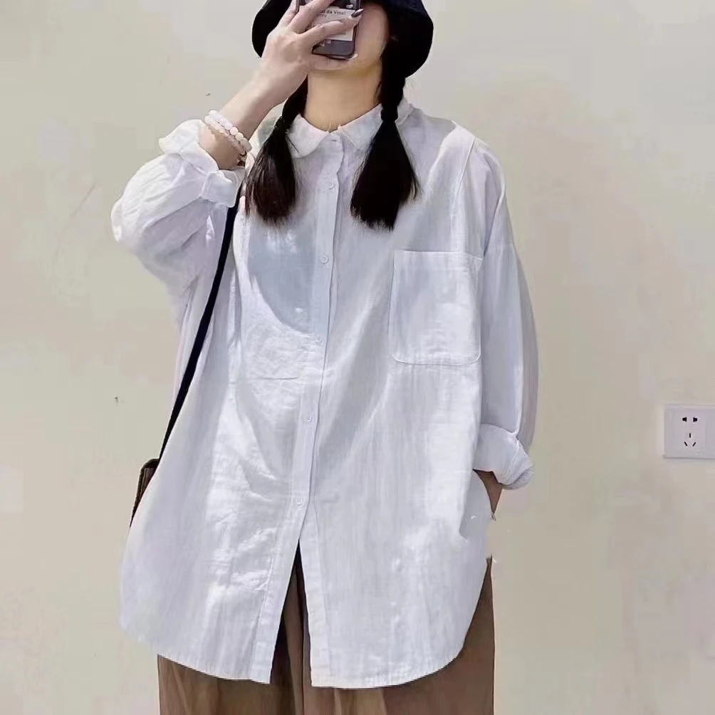 毛边娃娃领长袖衬衫宽松百搭显瘦衬衣休闲文艺上衣白色时尚8630