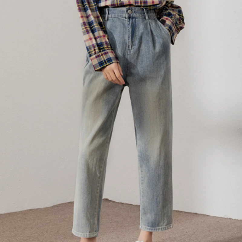 熙然纯棉做旧牛仔裤春秋时尚气质通勤净色百搭直筒牛仔裤女裤子女
