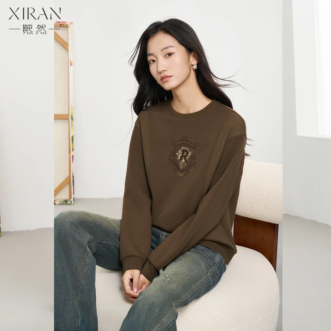 熙然春秋季新款拼接立体绣花图案休闲女士卫衣高级感上衣肌理感