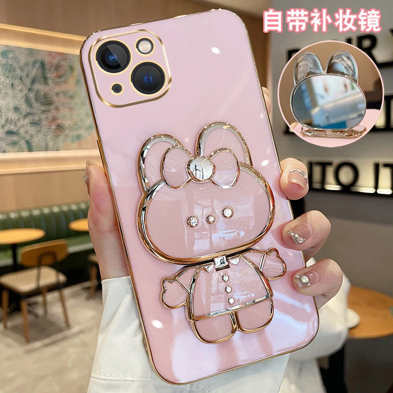 适用适用苹果14手机壳兔子补妆镜iPhone14全包防摔硅胶网红女款电