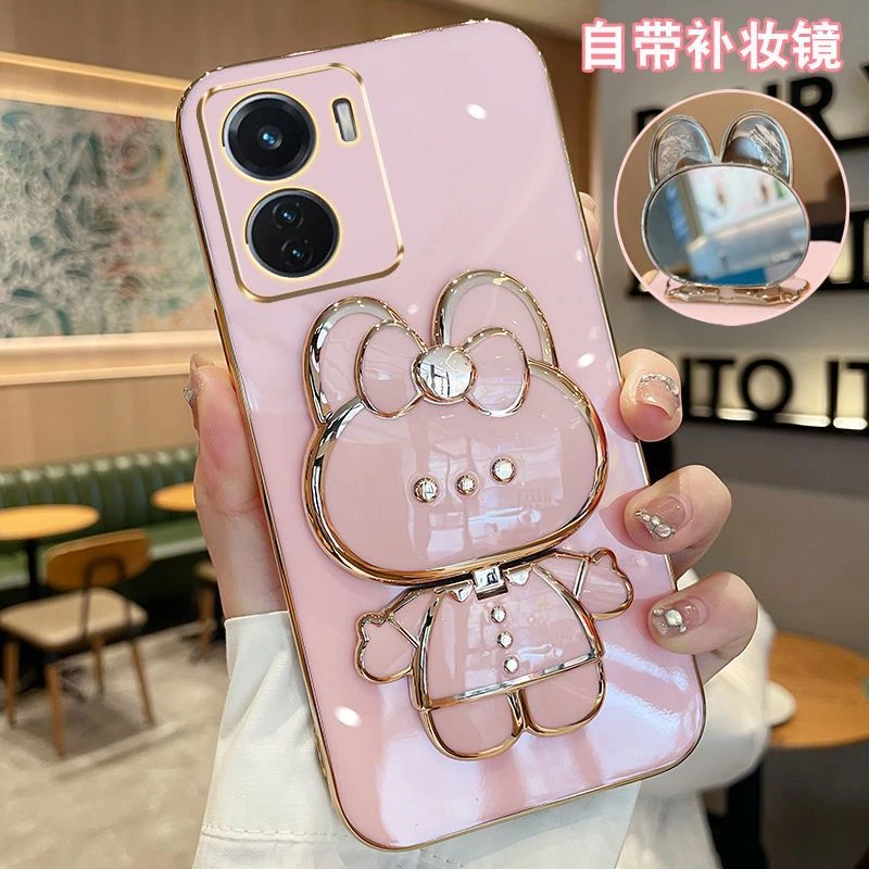 适用iQOOZ6手机壳兔子补妆镜支架全包防摔硅胶保护套女款网红超薄