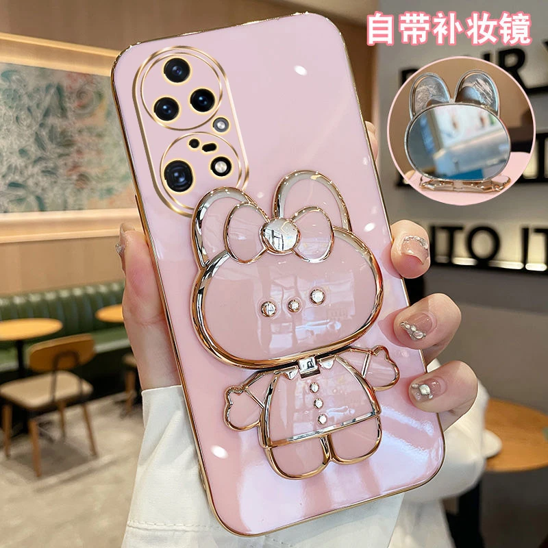 适用华为P50Pro手机壳兔子补妆镜支架全包防摔硅胶套女款网红电镀
