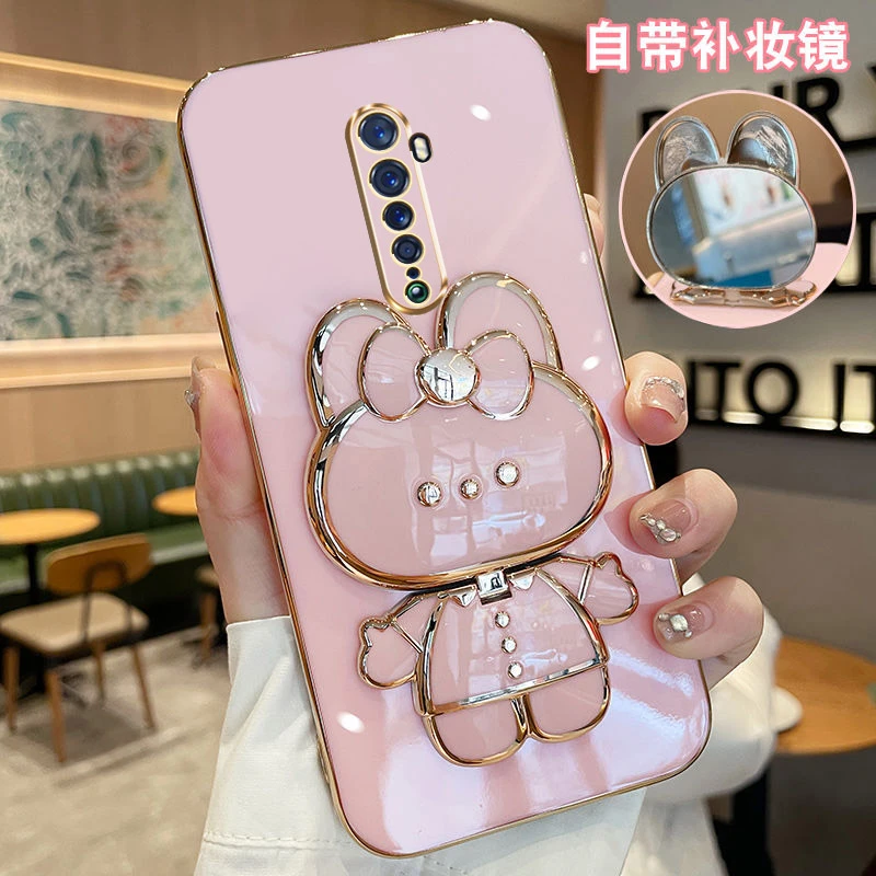 适用OPPOReno2手机壳兔子补妆镜支架全包防摔硅胶套女款网红超薄