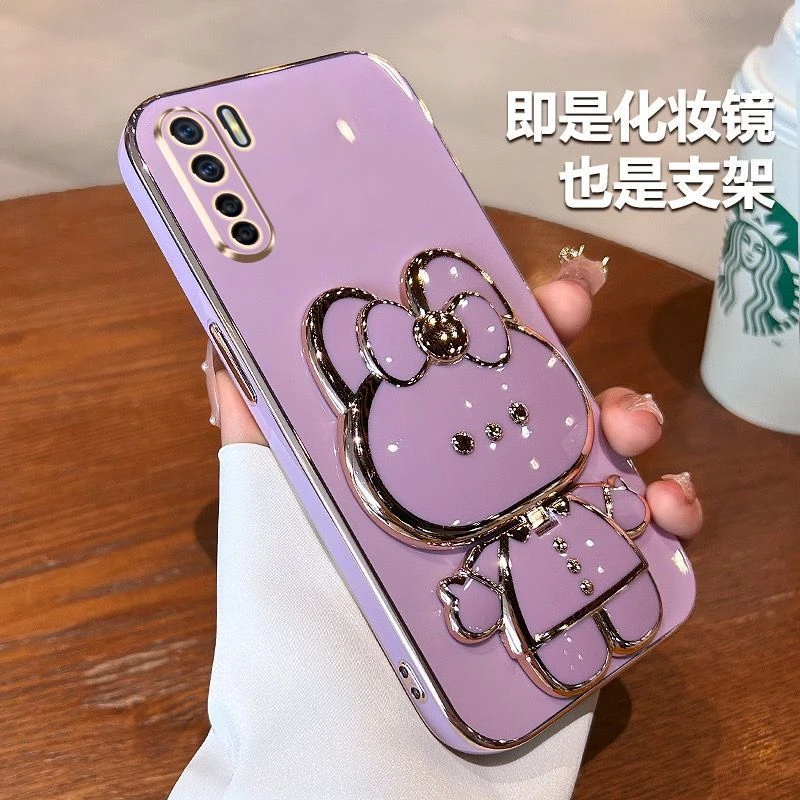 适用OPPOA91手机壳兔子补妆镜支架PCPM00全包防摔硅胶保护套超薄