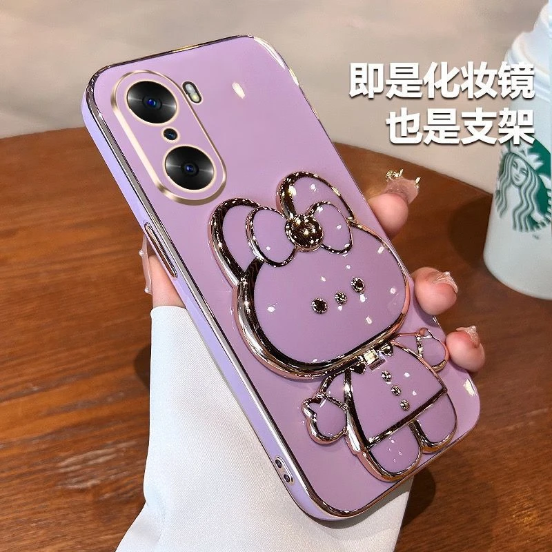 适用荣耀60手机壳兔子补妆镜支架honor60pro女全包防摔硅胶套曲屏