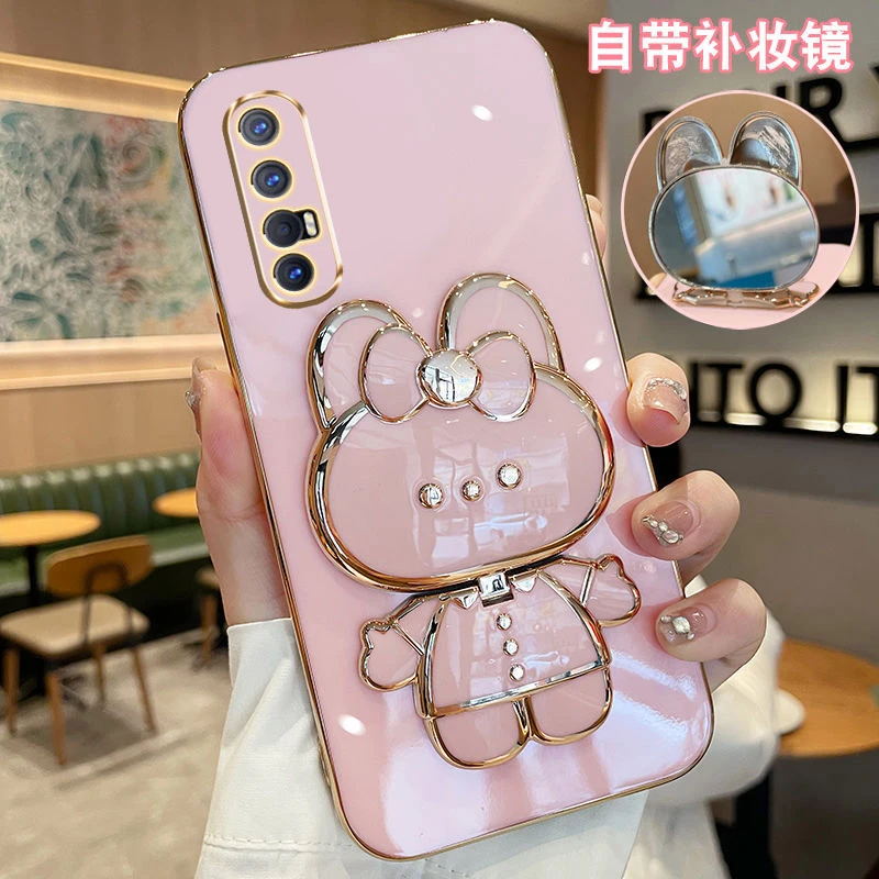 适用OPPOReno3Pro手机壳兔子补妆镜支架全包防摔硅胶套女款网红薄