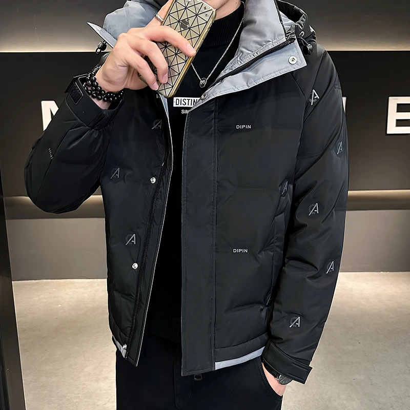 男士冬季新款时尚连帽加厚羽绒服厚款保暖休闲韩版修身羽绒外套男