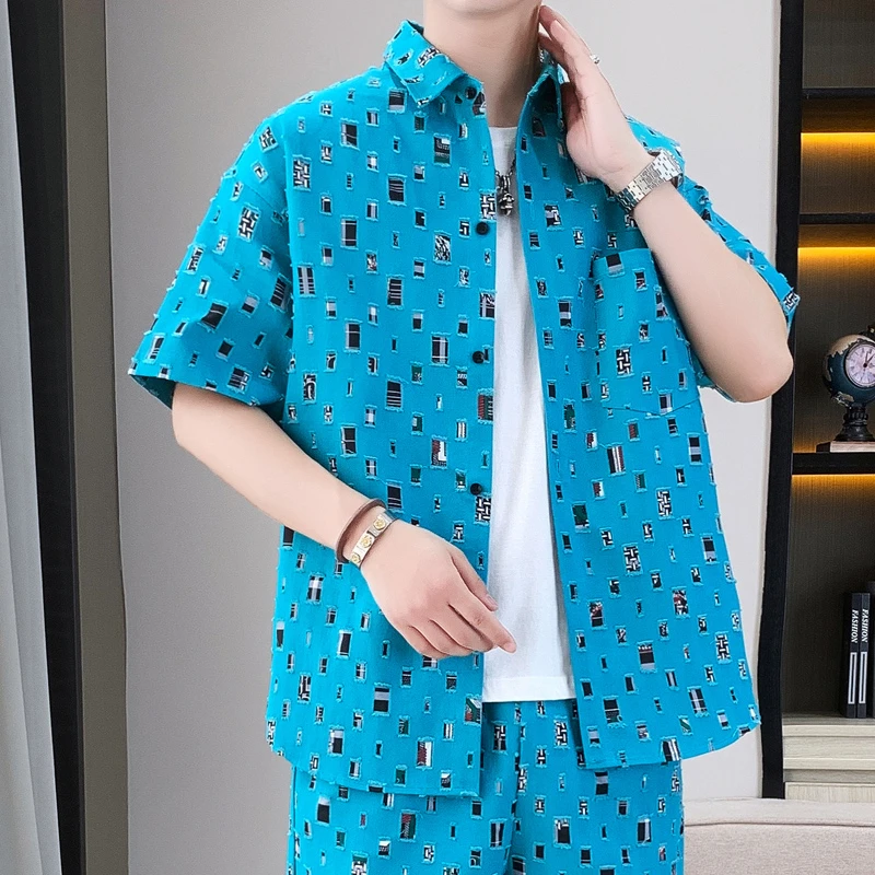 男士夏季薄款休闲时尚潮流破洞短袖衬衫帅气套装流行帅气男装23A1