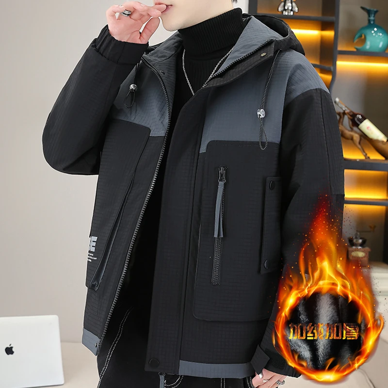 2025男士冬季新款连帽加绒加棉棉服夹克外套冲锋衣男工装棉衣男