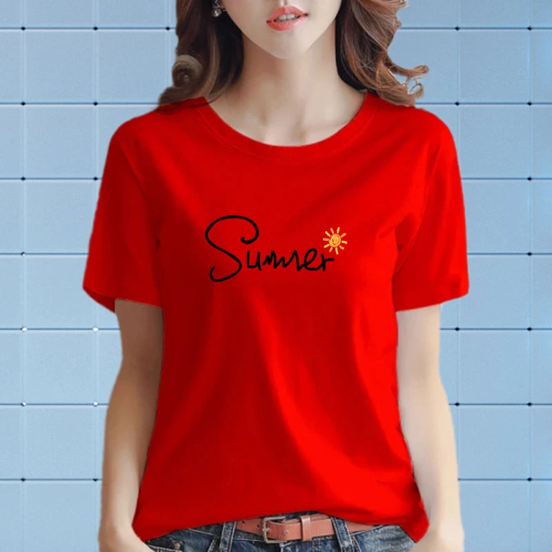 短袖宽松t恤女款女士大码女装新款夏季红色上衣半袖圆领体桖衫T恤