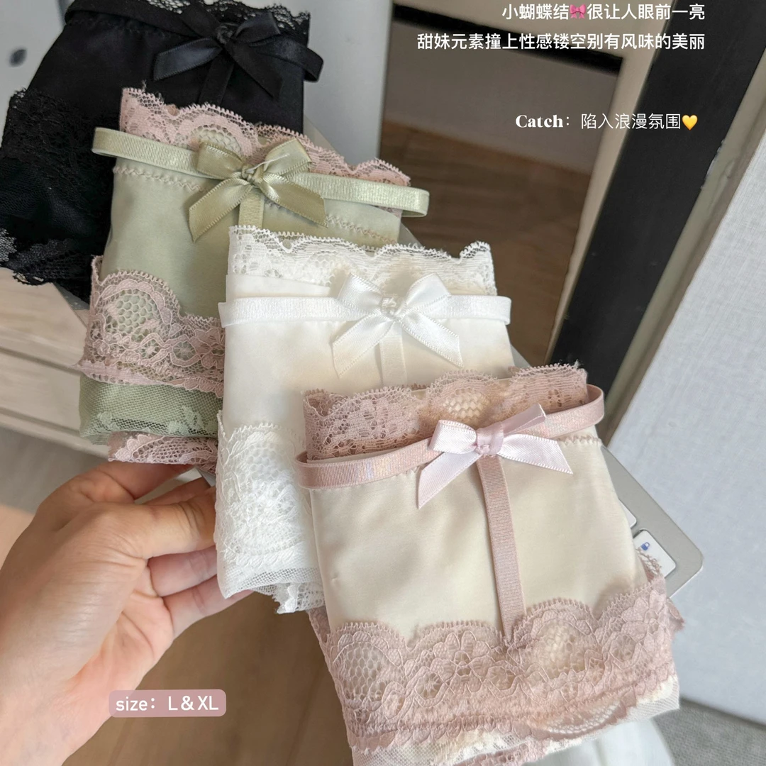 Yingmina/樱蜜娜纯欲战袍~背后镂空蝴蝶结女中腰缎面三角女士短裤