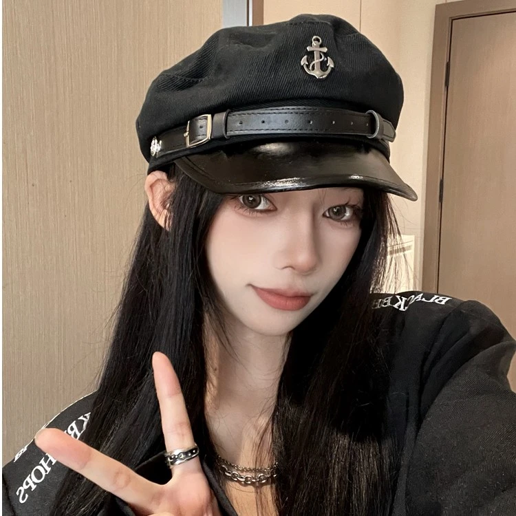 海军帽女贝雷帽子2023新款黑色八角帽皮质秋冬英伦画家报童鸭舌帽