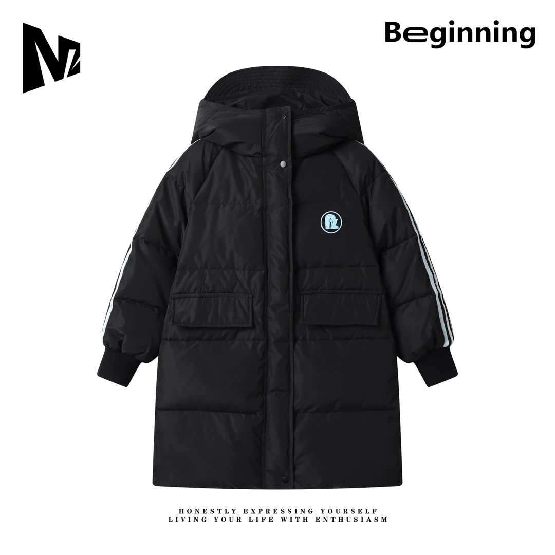 【N3ZCH】2023冬季连帽羽绒服童装保暖黑色蓝标羽绒服中长款