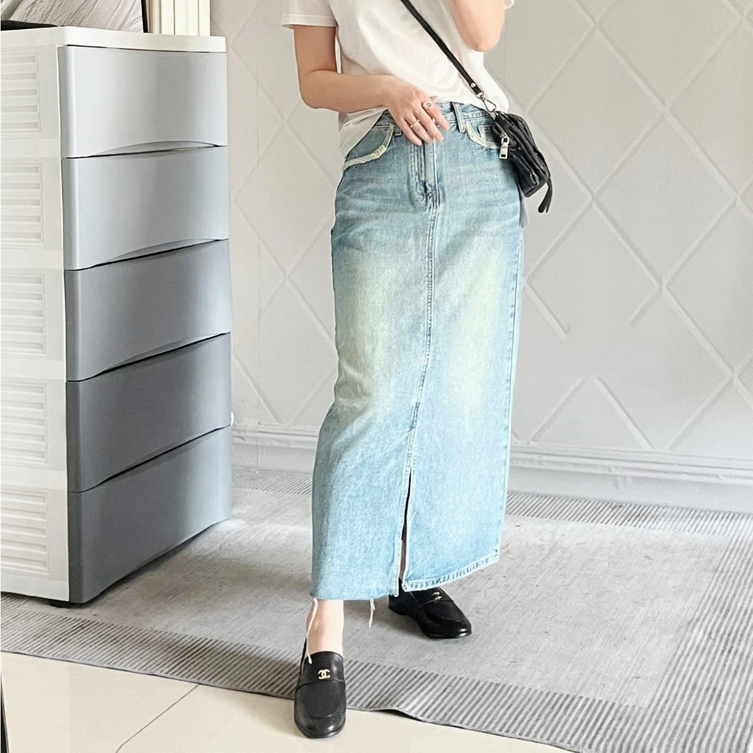 春夏开叉牛仔裙及踝半裙休闲百搭女裙牛仔裙高腰中长款蓝色显瘦