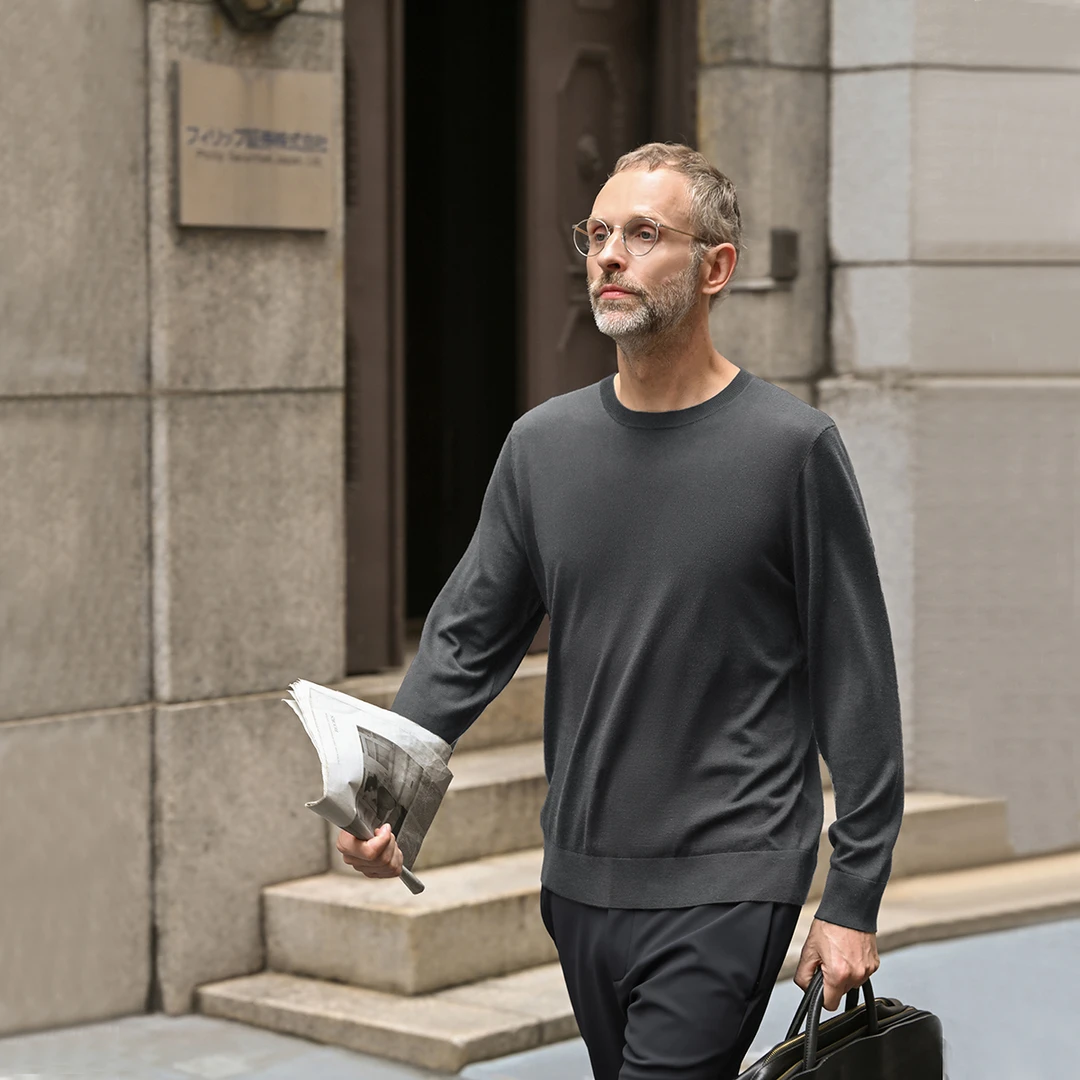 TWO PALMS 100%精纺丝光羊毛圆领长袖针织衫毛衣男士秋冬