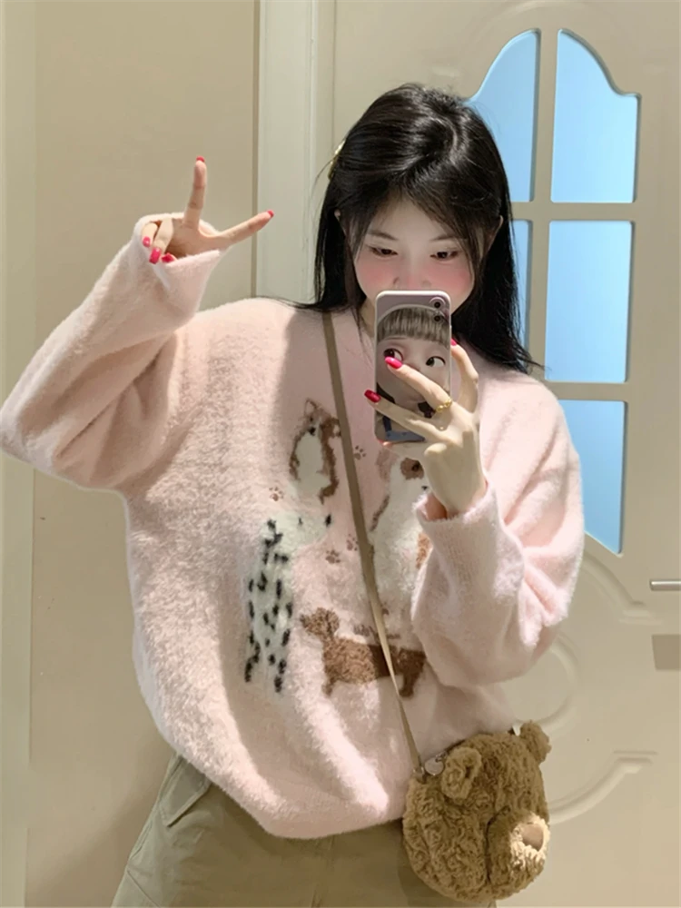 美式复古仿貂毛毛衣女秋冬小狗提花宽松软糯针织衫圆领套头上衣潮
