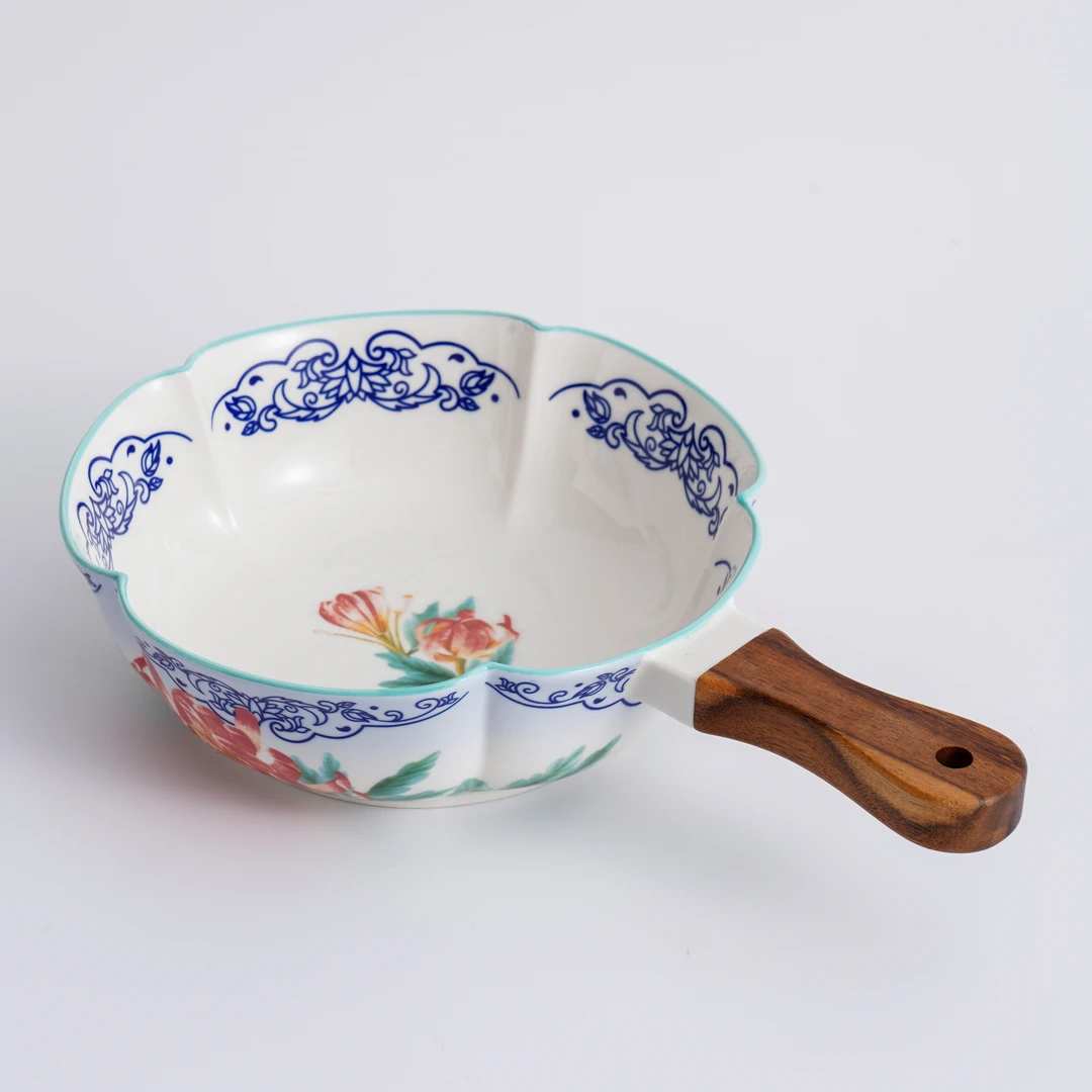 【一切美好】《绒花》 31.5*20*7cm 木把圆碗 高温釉中