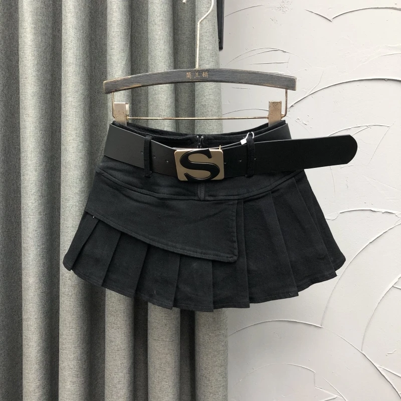 黑色高腰减龄牛仔短裙女夏季防走光辣妹显瘦个性百搭百褶半身裙子