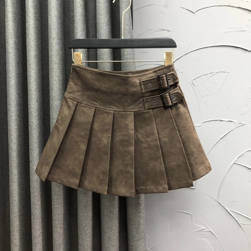 韩版咖啡色高腰PU皮短裙女秋冬时尚洋气减龄学院打底A字半身裙子