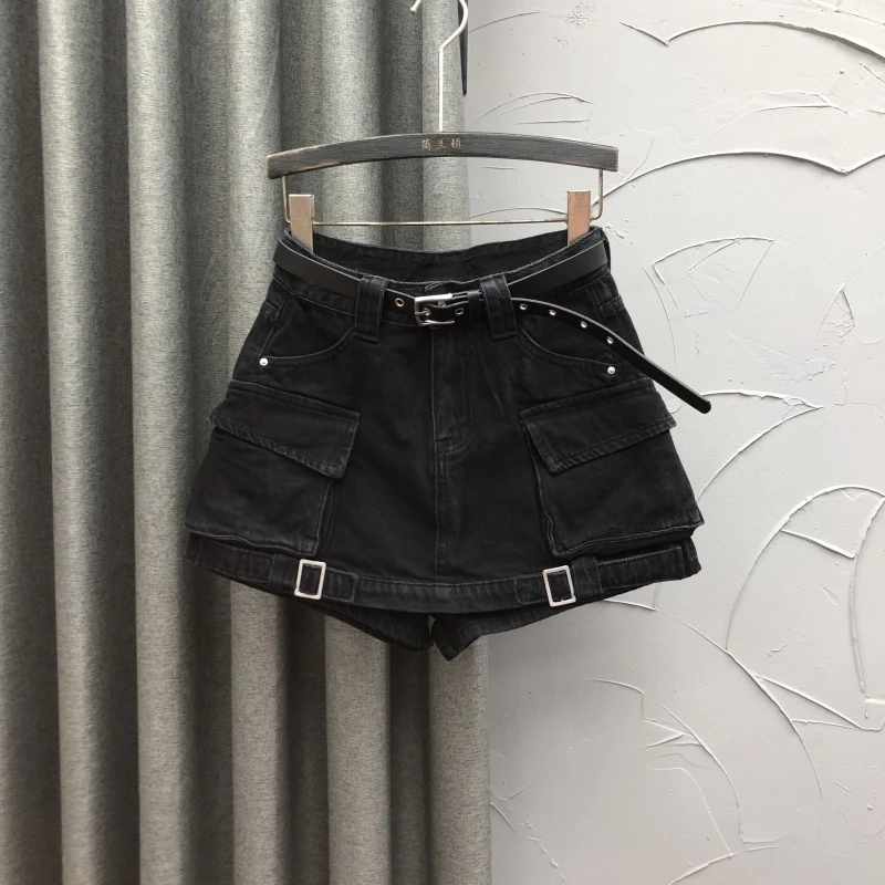 欧货高腰牛仔短裤裙女夏季时尚小众设计感假两件A字辣妹阔腿热裤