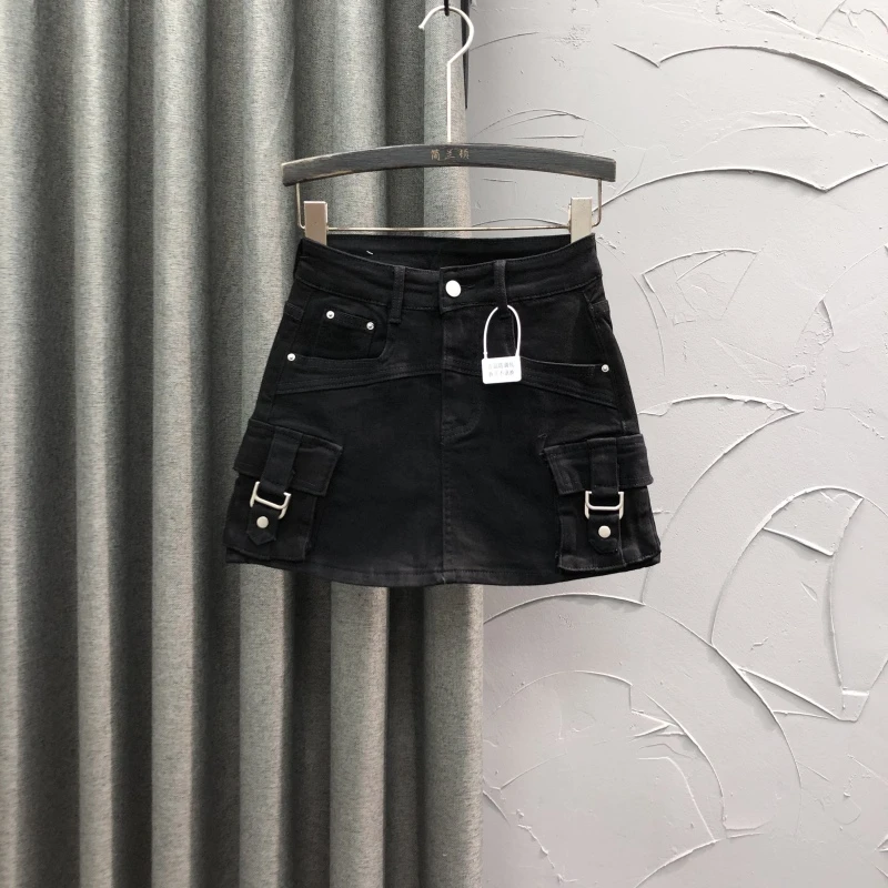 网红高腰休闲工装牛仔短裙女夏季时尚小众设计感A字半身包臀裙潮
