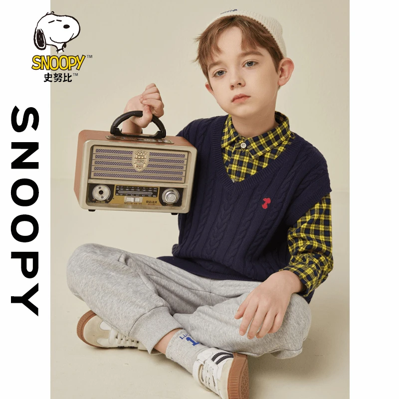 史努比/snoopy2024春季新款针织儿童背心毛衣复古马甲套头童装棉