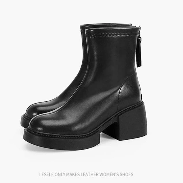 Lesele/莱思丽秋冬百搭真皮圆头厚底粗高跟英伦风加绒短靴LD10581